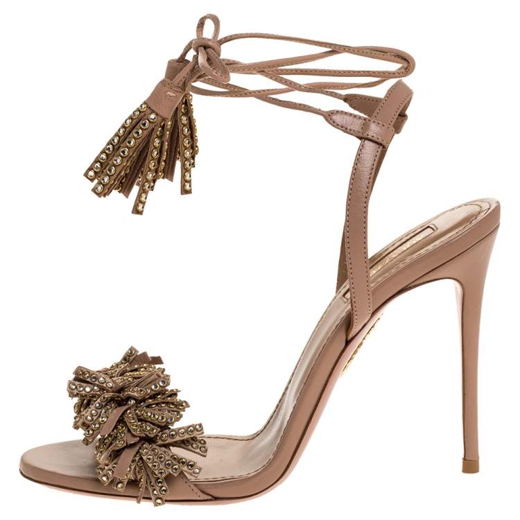 Pre Owned Aquazzura Pink Leather Wild Thing Embellished Fringe And Tassel Ankle Wrap Sandals Size 37.5