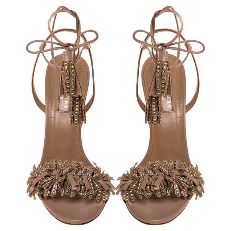 Pre Owned Aquazzura Pink Leather Wild Thing Embellished Fringe And Tassel Ankle Wrap Sandals Size 37.5