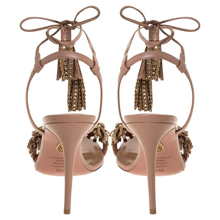 Pre Owned Aquazzura Pink Leather Wild Thing Embellished Fringe And Tassel Ankle Wrap Sandals Size 37.5