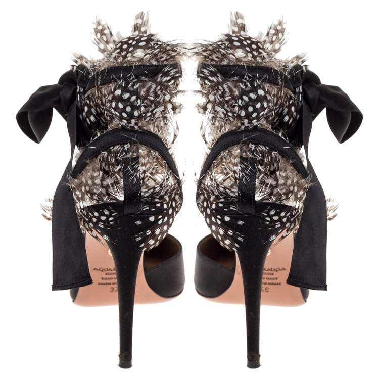 Pre Owned Aquazzura Black Satin Feather Embellished Madison Ankle Tie Pumps Size 37