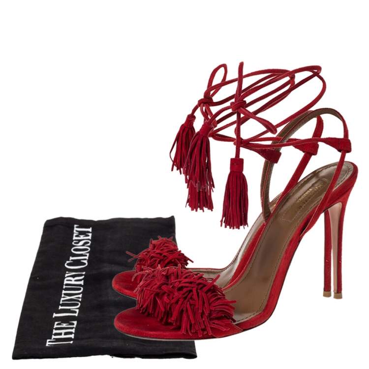 Pre Owned Aquazzura Red Suede Leather Wild Thing Fringe Details Ankle Wrap Sandals Size 37