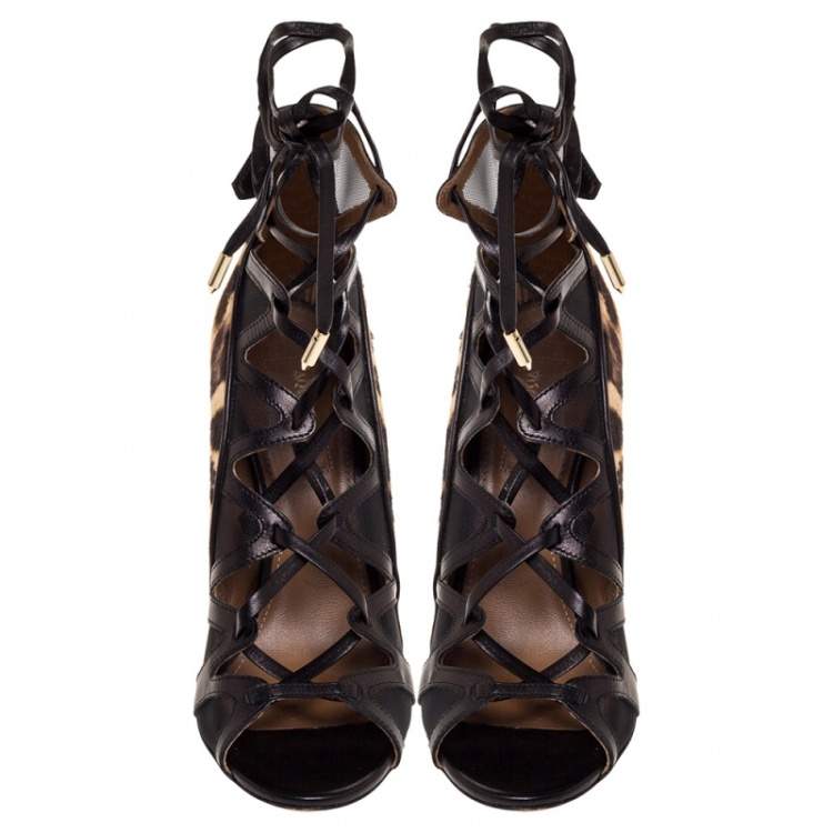 Pre Owned Aquazzura Black Mesh and Leopard Print Pony Hair "French Lover" Sandals Size 38
