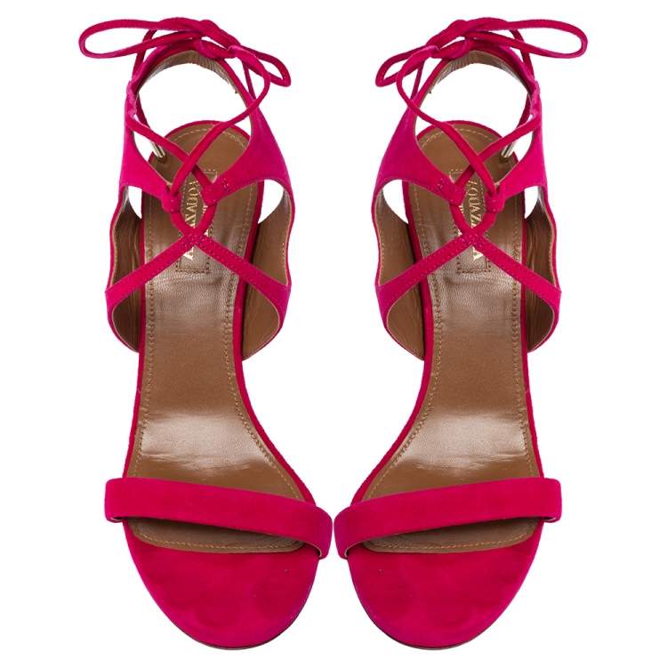 مملوكة مسبقًا Aquazzura Pink Suede Leather Ankle Wrap Sandals Size 38