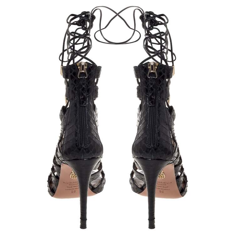 Pre Owned Aquazzura Black Python Amazon Lace Up Open Toe Sandals Size 36