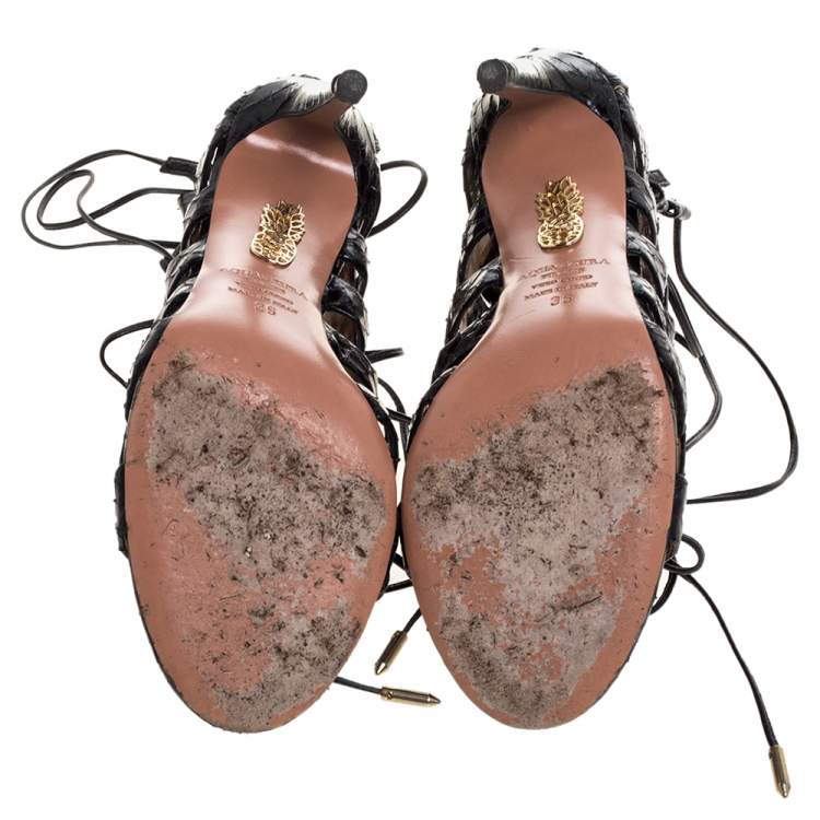Pre Owned Aquazzura Black Python Amazon Lace Up Open Toe Sandals Size 36