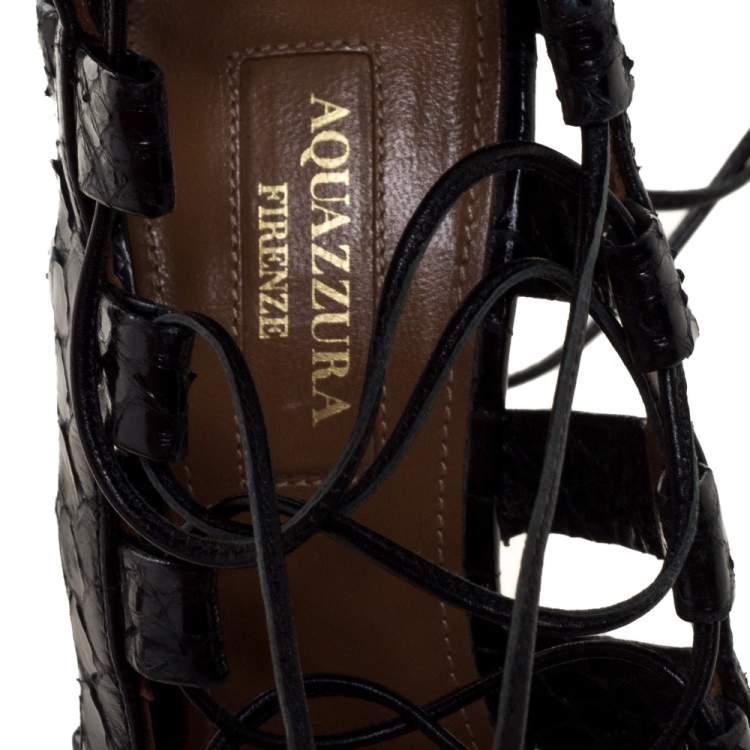 Pre Owned Aquazzura Black Python Amazon Lace Up Open Toe Sandals Size 36