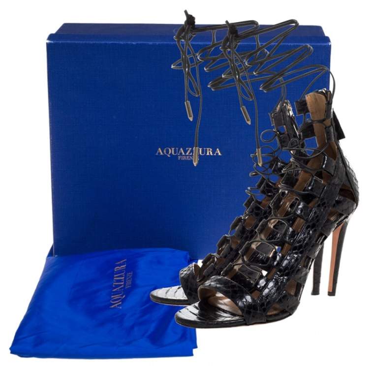 Pre Owned Aquazzura Black Python Amazon Lace Up Open Toe Sandals Size 36