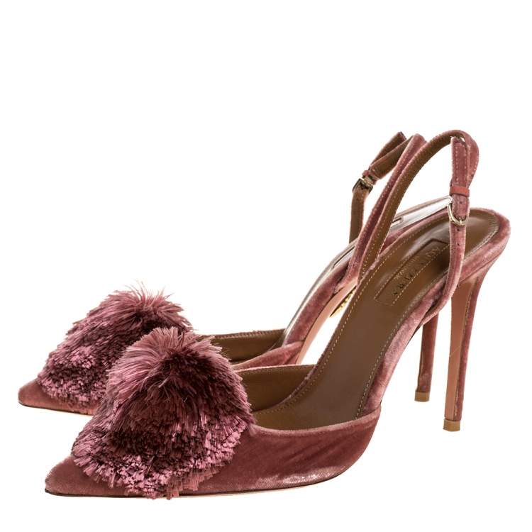 Pre Owned Aquazzura Pink Velvet Powder Puff  Pointed Toe Slingback Sandals Size 39.5