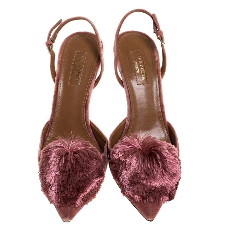 Pre Owned Aquazzura Pink Velvet Powder Puff  Pointed Toe Slingback Sandals Size 39.5