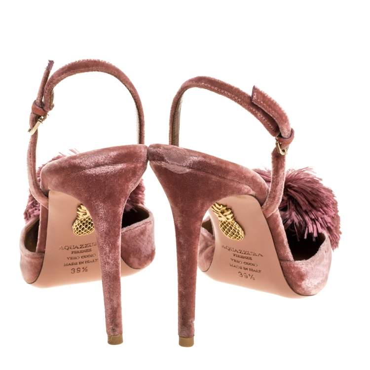 Pre Owned Aquazzura Pink Velvet Powder Puff  Pointed Toe Slingback Sandals Size 39.5