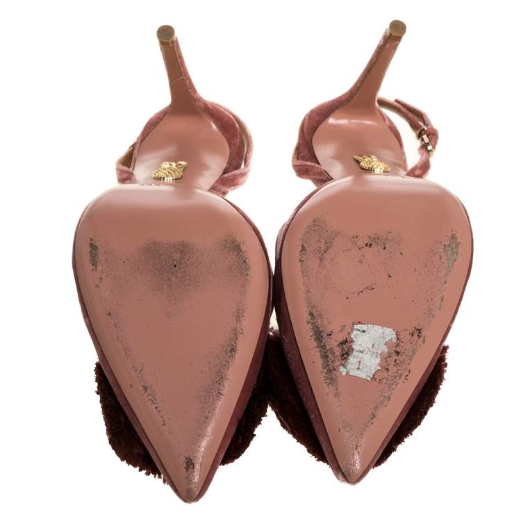 Pre Owned Aquazzura Pink Velvet Powder Puff  Pointed Toe Slingback Sandals Size 39.5