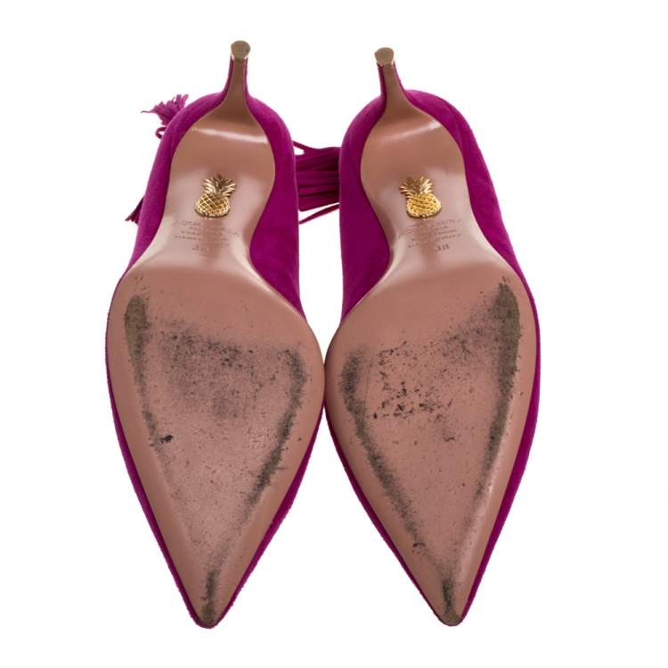 Pre Owned Aquazzura Pink Suede Leather Tassel Pointed Toe Pumps Size 38