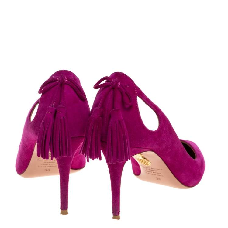 Pre Owned Aquazzura Pink Suede Leather Tassel Pointed Toe Pumps Size 38
