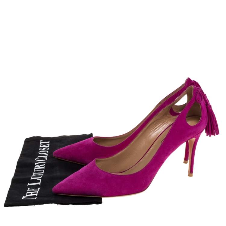 Pre Owned Aquazzura Pink Suede Leather Tassel Pointed Toe Pumps Size 38