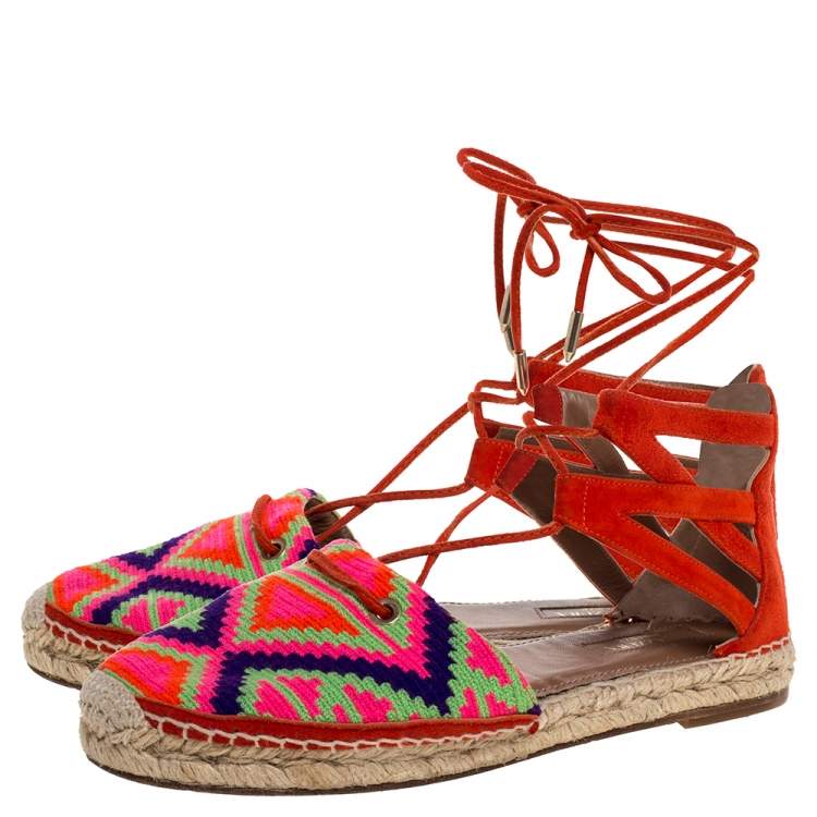 Pre Owned Aquazzura Multicolor Woven Fabric And Suede Belgravia Lace Up Espadrille Flat Sandals Size 37.5
