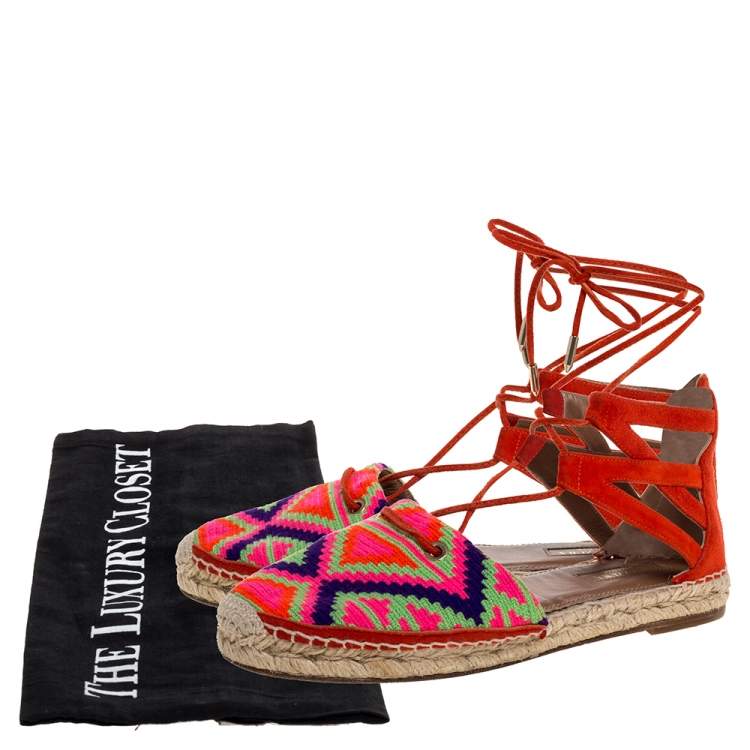 Pre Owned Aquazzura Multicolor Woven Fabric And Suede Belgravia Lace Up Espadrille Flat Sandals Size 37.5