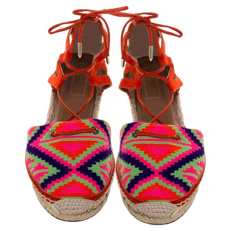 Pre Owned Aquazzura Multicolor Woven Fabric And Suede Belgravia Lace Up Espadrille Flat Sandals Size 37.5