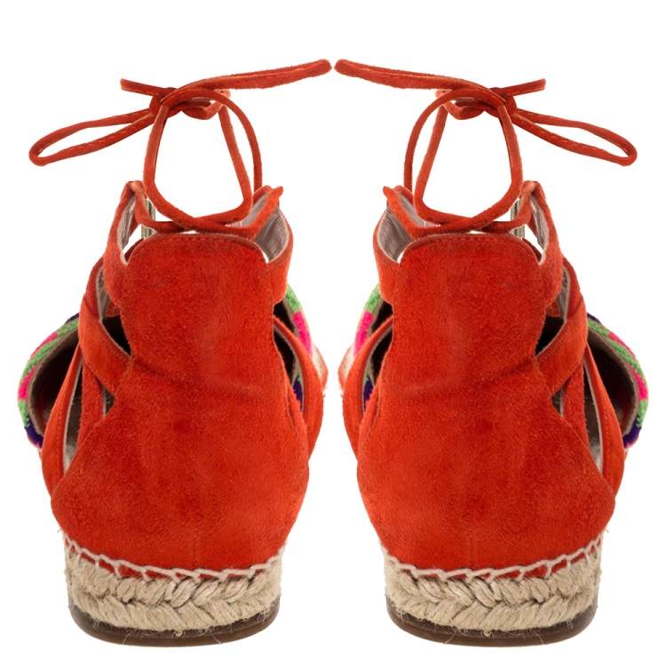 Pre Owned Aquazzura Multicolor Woven Fabric And Suede Belgravia Lace Up Espadrille Flat Sandals Size 37.5