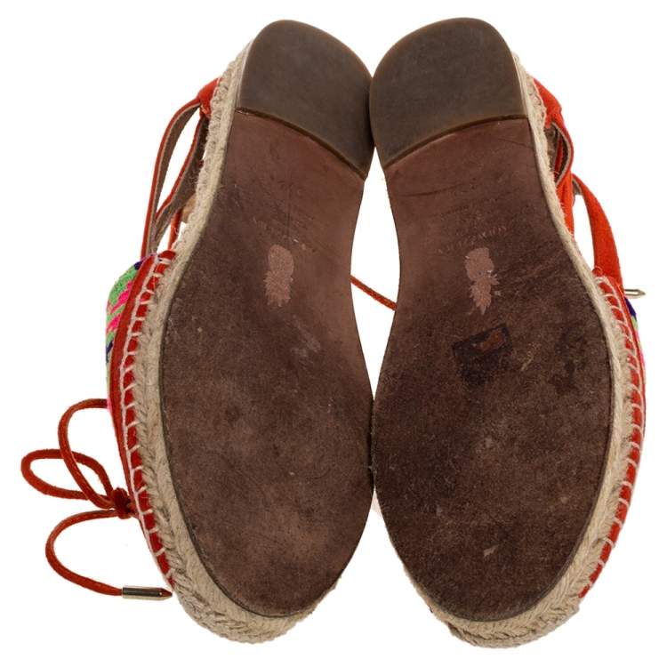 Pre Owned Aquazzura Multicolor Woven Fabric And Suede Belgravia Lace Up Espadrille Flat Sandals Size 37.5