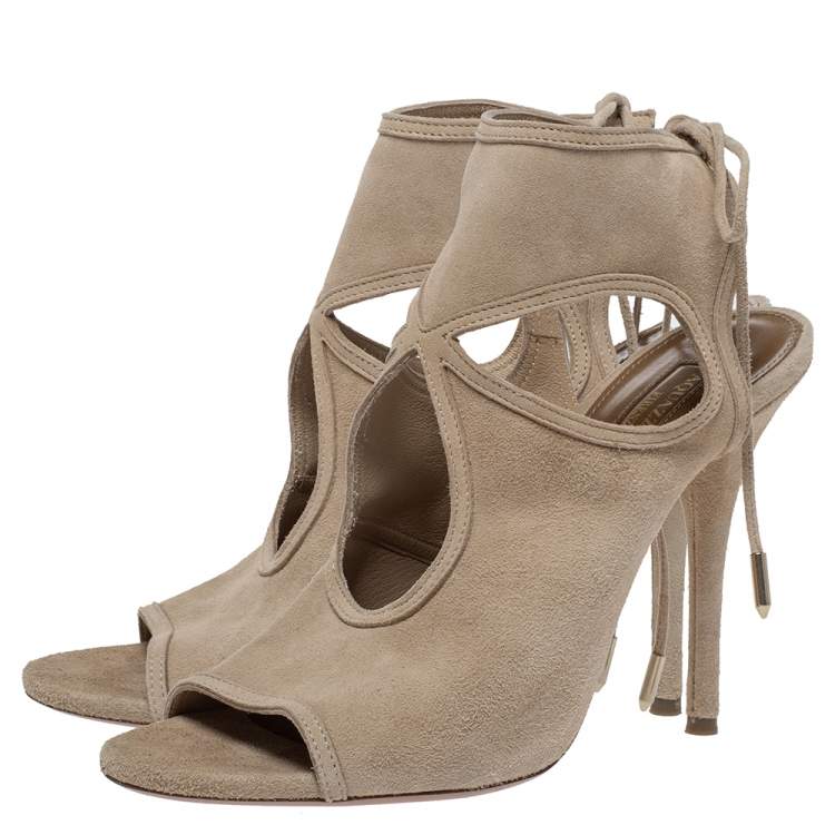 Pre Owned Aquazzura Beige Suede Leather Sexy Thing Ankle Wrap Sandals Size 37