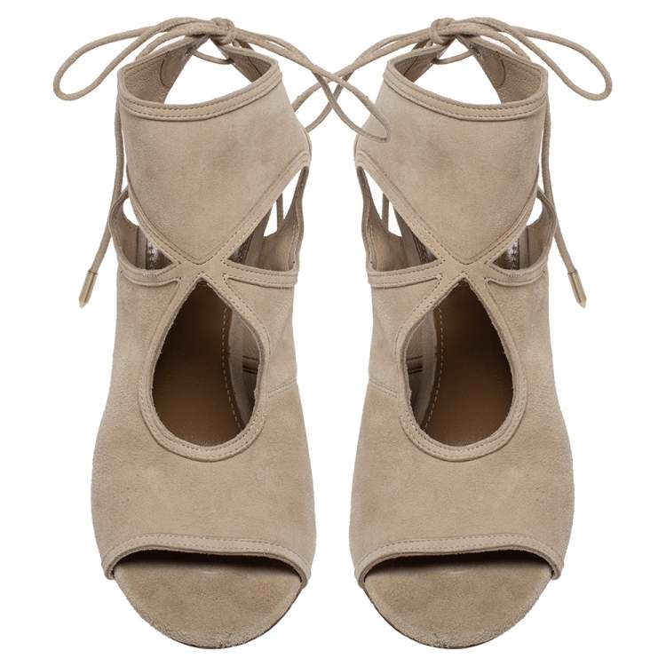 Pre Owned Aquazzura Beige Suede Leather Sexy Thing Ankle Wrap Sandals Size 37