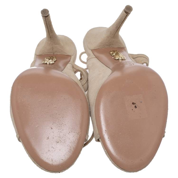 Pre Owned Aquazzura Beige Suede Leather Sexy Thing Ankle Wrap Sandals Size 37