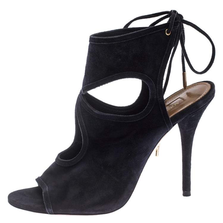 Pre Owned Aquazzura Black Suede Leather Sexy Thing Ankle Wrap Sandals Size 37