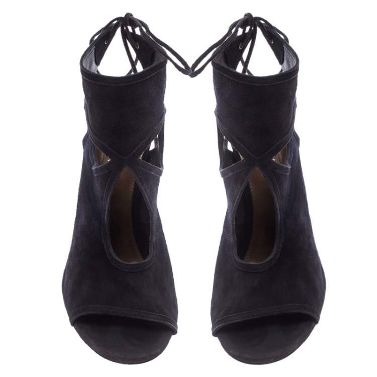 Pre Owned Aquazzura Black Suede Leather Sexy Thing Ankle Wrap Sandals Size 37
