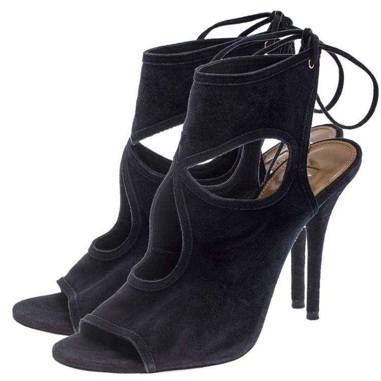 Pre Owned Aquazzura Black Suede Leather Sexy Thing Ankle Wrap Sandals Size 37