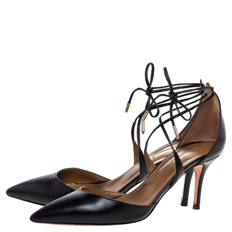Pre Owned Aquazzura Black Leather Very Matilde Cross Straps Sandals Size 39