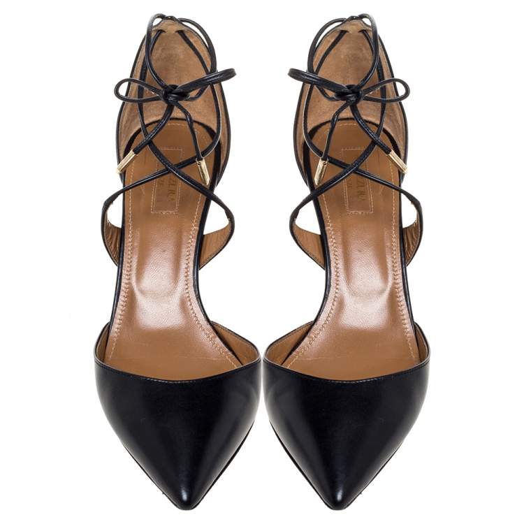Pre Owned Aquazzura Black Leather Very Matilde Cross Straps Sandals Size 39