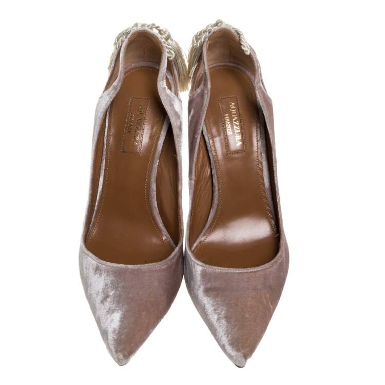 Pre Owned Aquazzura Grey Velvet Forever Marilyn 85 Cut Out Tassel Detail Pointed Toe Pumps Size 38