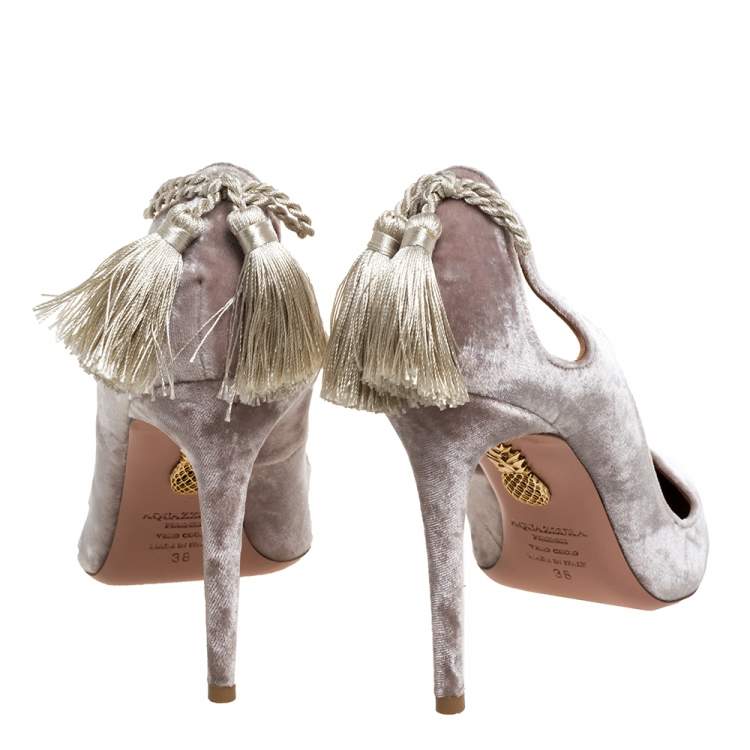 Pre Owned Aquazzura Grey Velvet Forever Marilyn 85 Cut Out Tassel Detail Pointed Toe Pumps Size 38