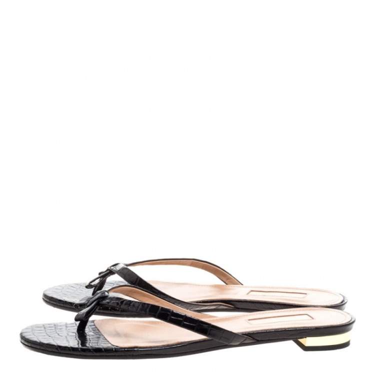 Pre Owned Aquazzura Black Croc Embossed Leather 'Riva' Flat Sandals Size 37