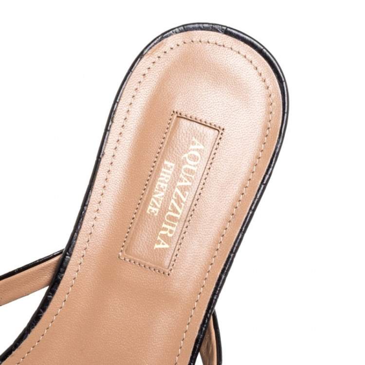 Pre Owned Aquazzura Black Croc Embossed Leather 'Riva' Flat Sandals Size 37