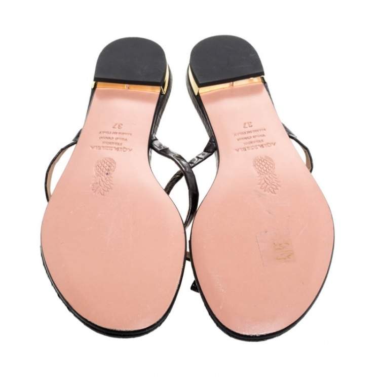 Pre Owned Aquazzura Black Croc Embossed Leather 'Riva' Flat Sandals Size 37