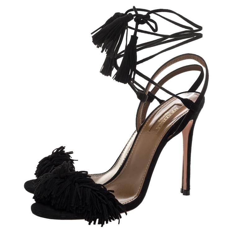 Pre Owned Aquazzura Black Suede Leather Wild Thing Fringe Details Ankle Wrap Sandals Size 37