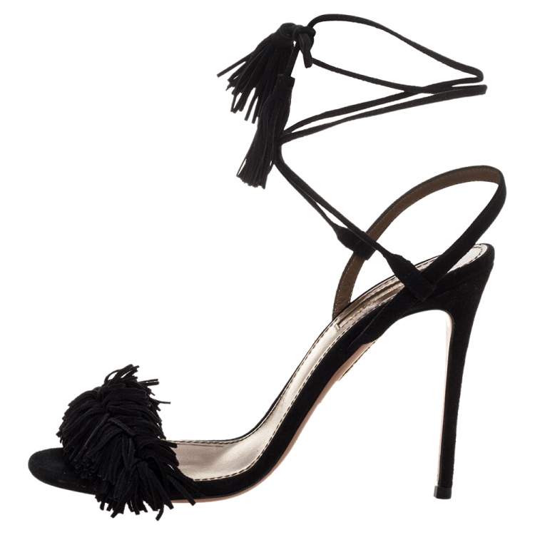 Pre Owned Aquazzura Black Suede Leather Wild Thing Fringe Details Ankle Wrap Sandals Size 37