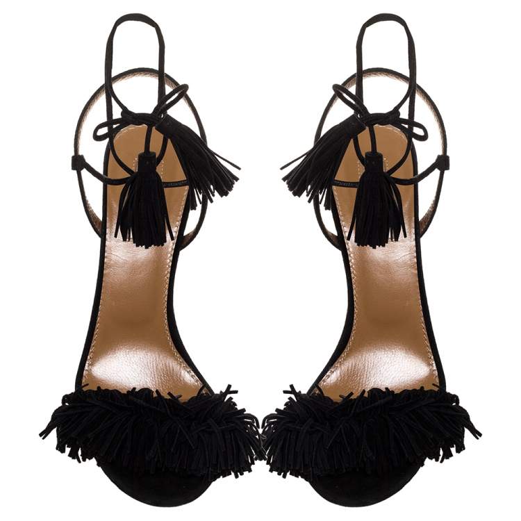 Pre Owned Aquazzura Black Suede Leather Wild Thing Fringe Details Ankle Wrap Sandals Size 37