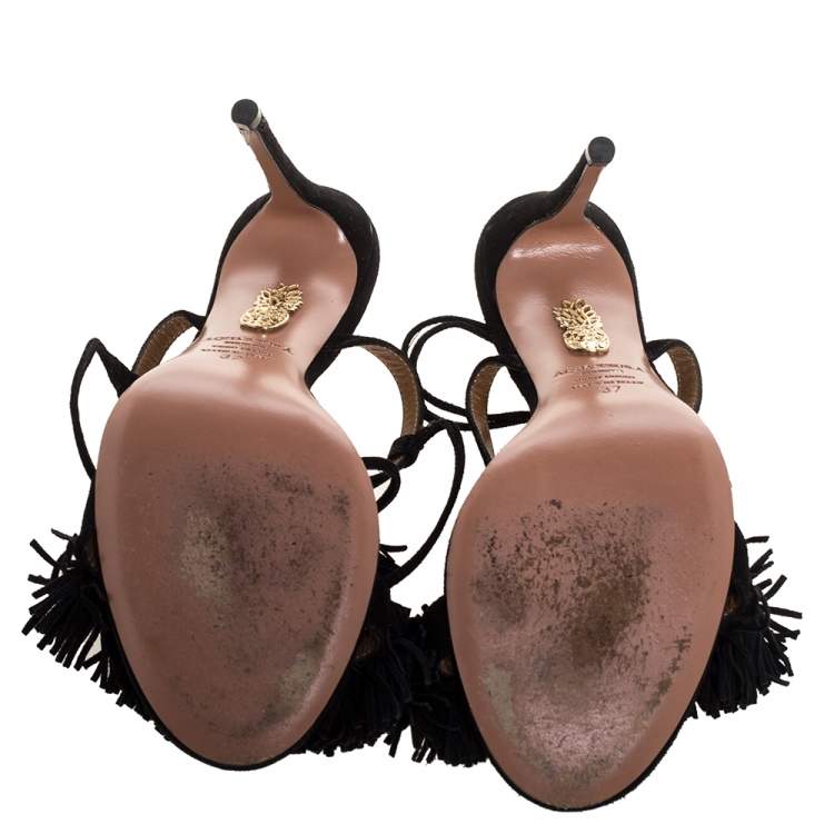 Pre Owned Aquazzura Black Suede Leather Wild Thing Fringe Details Ankle Wrap Sandals Size 37