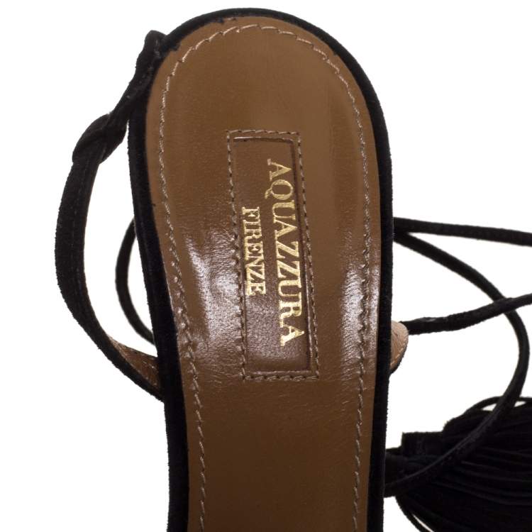 Pre Owned Aquazzura Black Suede Leather Wild Thing Fringe Details Ankle Wrap Sandals Size 37