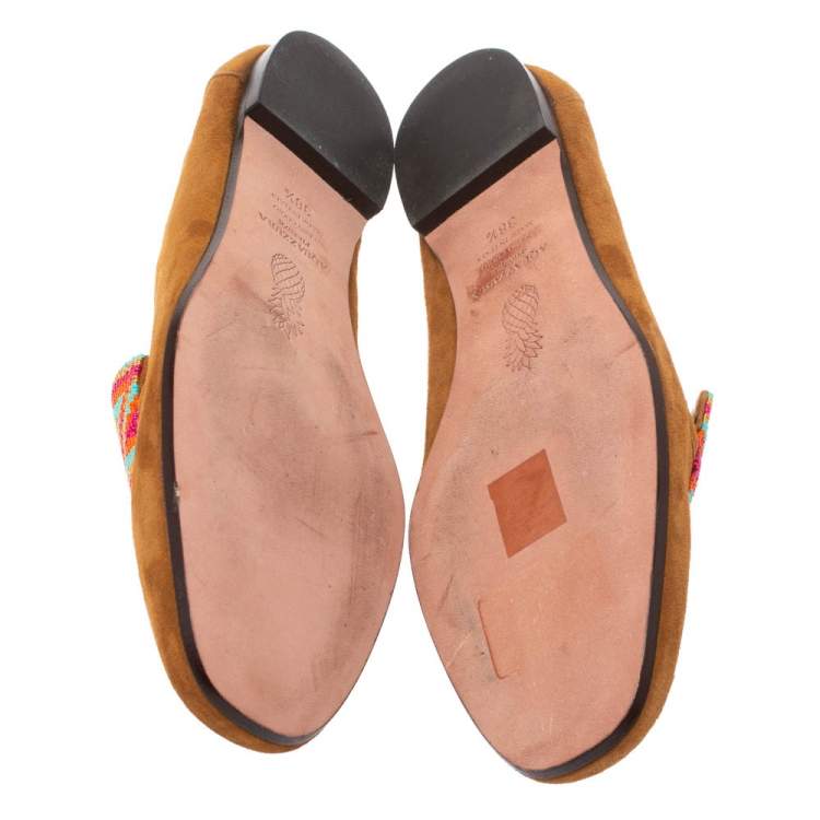 Pre Owned Aquazzura Brown Suede Masai Beaded Loafers Size 38.5