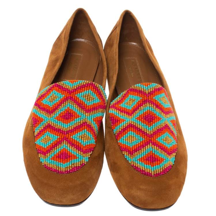 Pre Owned Aquazzura Brown Suede Masai Beaded Loafers Size 38.5