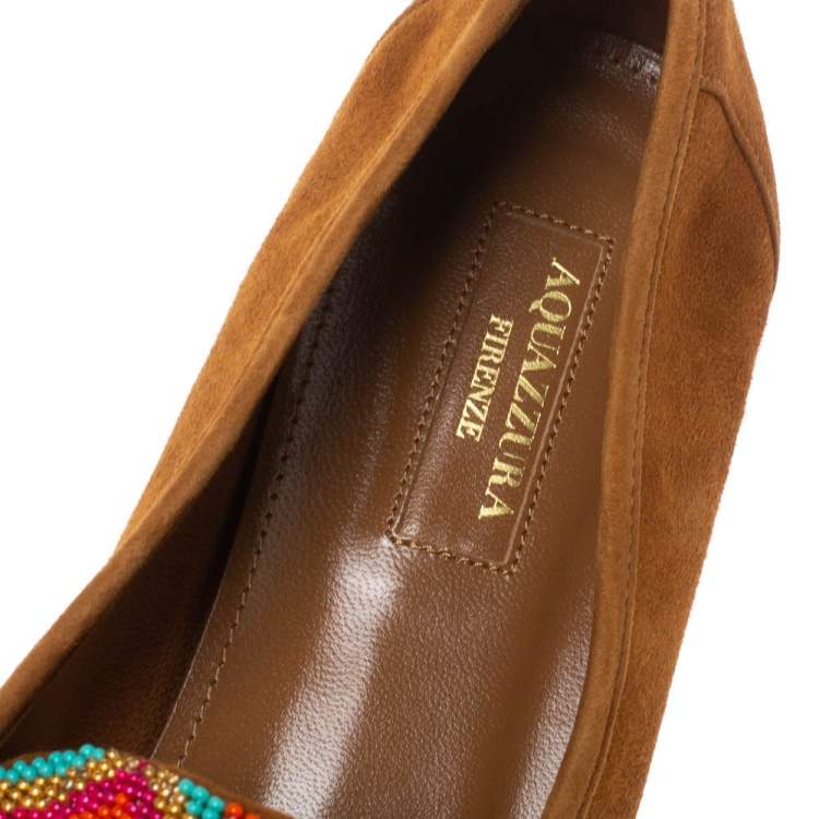 Pre Owned Aquazzura Brown Suede Masai Beaded Loafers Size 38.5