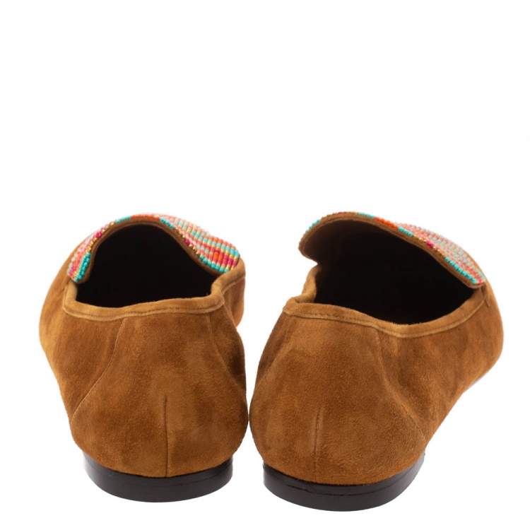 Pre Owned Aquazzura Brown Suede Masai Beaded Loafers Size 38.5