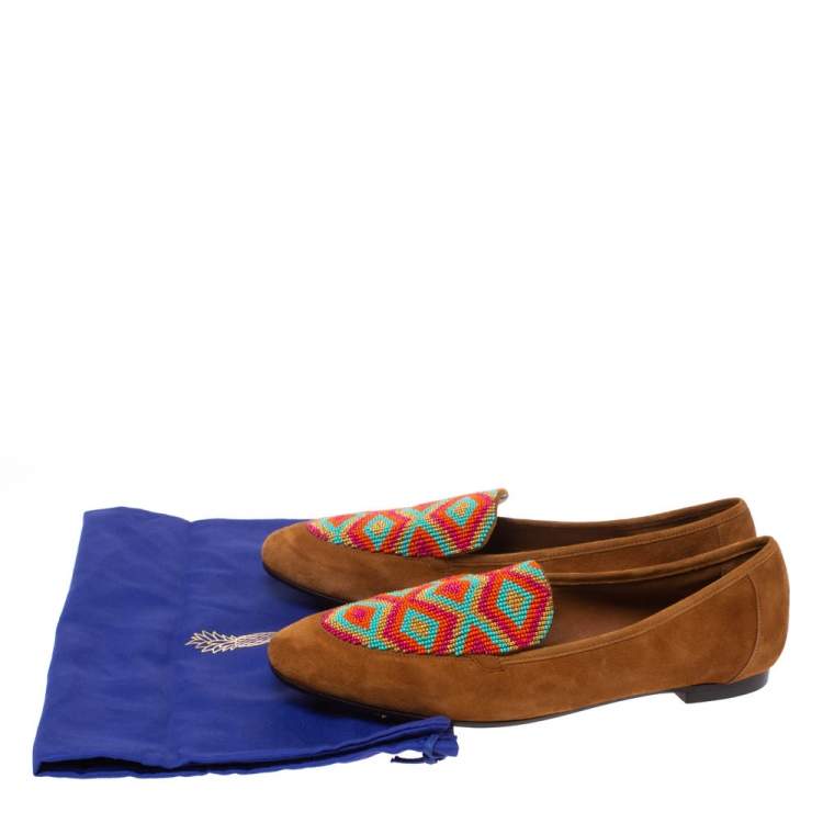 Pre Owned Aquazzura Brown Suede Masai Beaded Loafers Size 38.5