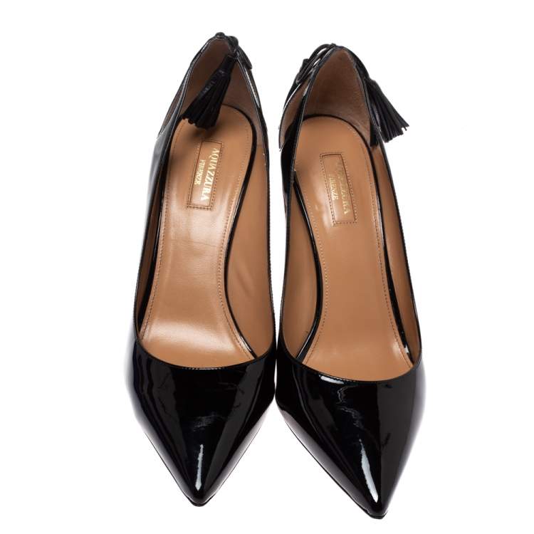 Pre Owned Aquazzura Black Patent Leather Forever Marilyn Cut Out Tassel Detail Pointed Toe Pumps Size 41