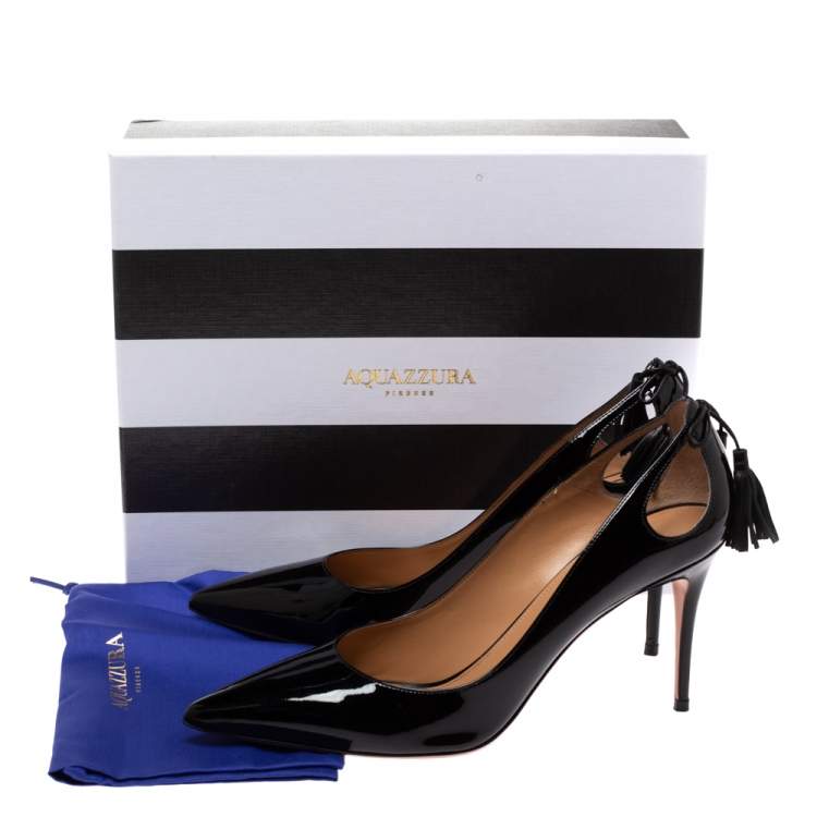 Pre Owned Aquazzura Black Patent Leather Forever Marilyn Cut Out Tassel Detail Pointed Toe Pumps Size 41
