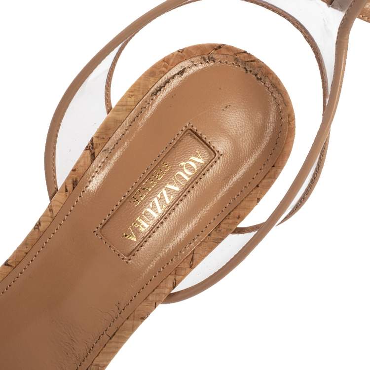 Pre Owned Aquazzura Beige PVC and Leather Trim Minimalist Cork Wedge Ankle Strap Sandals Size 38.5