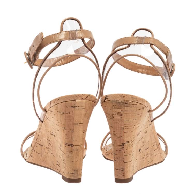 Pre Owned Aquazzura Beige PVC and Leather Trim Minimalist Cork Wedge Ankle Strap Sandals Size 38.5